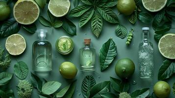 Eco friendly concept, bottles with oils around green leaves and limes on green background photo