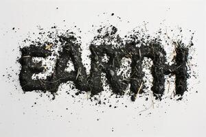 Word earth made of black soil isolated white background, top view photo