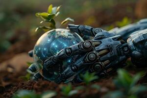 Robot hands holding realistic Earth model, symbolizing environmental care and global unity on ground earth and plant background photo