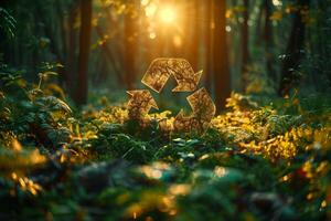 Recycling sign on the background of a green forest with tall large trees, sunlight photo