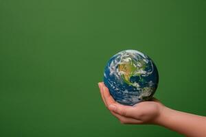 Hand holding planet earth on the palm of a hand. Earth Day concept, studio green background photo