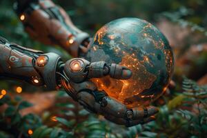 Robot hands holding realistic Earth model, symbolizing environmental care and global unity on ground earth and plant background photo