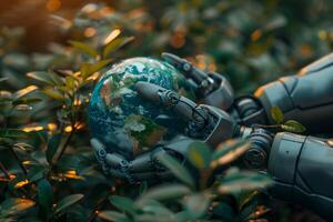 Robot hands holding realistic Earth model, symbolizing environmental care and global unity on ground earth and plant background photo