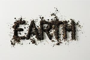 Word earth made of black soil isolated white background, top view photo