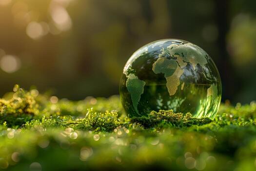 crystal globe resting on moss in a forest - environment concept photo