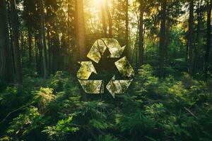 Recycling sign on the background of a green forest with tall large trees, sunlight photo