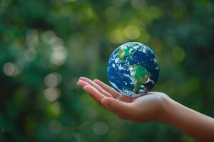 Hand holding planet earth on the palm of hand. Earth Day concept, nature green background photo