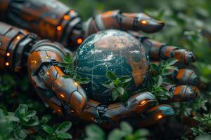 Robot hands holding realistic Earth model, symbolizing environmental care and global unity on ground earth and plant background photo