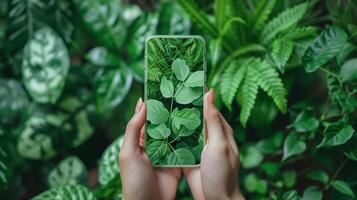 Female hands holding smartphone on green palm leaves background, top view, copy space photo