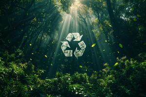 Recycling sign on the background of a green forest with tall large trees, sunlight photo