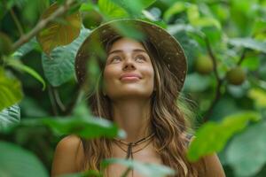 Woman traveler in the jungle in a thicket of tropical plants looking up in surprise photo