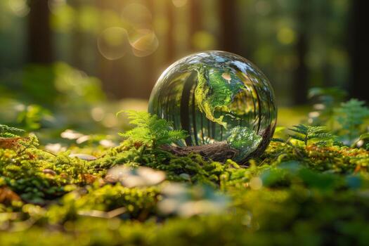 crystal globe resting on moss in a forest - environment concept photo