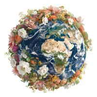 3d illustration of the planet Earth, with a big bouquet of flowers coming out from behind it on the white background photo