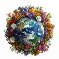 3d illustration of the planet Earth, with a big bouquet of flowers coming out from behind it on the white background photo