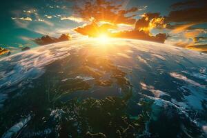 Earth as seen from space, highlighting the expenses of green landmasses and contrasting bodies of water photo