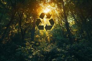 Recycling sign on the background of a green forest with tall large trees, sunlight photo