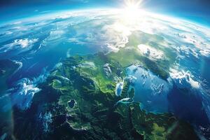 Earth as seen from space, highlighting the expenses of green landmasses and contrasting bodies of water photo