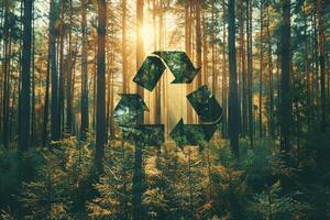 Recycling sign on the background of a green forest with tall large trees, sunlight photo