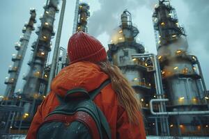 A person standing with his back looking at the industry that pollutes the atmosphere. Climate change concept photo