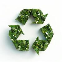 Arrows pointing to green recycle symbol on a white background, curvilinear shapes, associated press photo