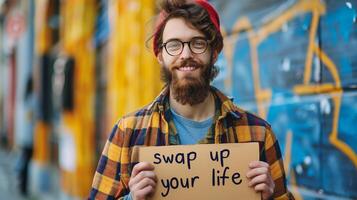 A cool young bearded man holding a cardboard Swap Up Your Life photo