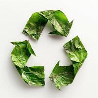 Arrows pointing to green recycle symbol on a white background, curvilinear shapes, associated press photo