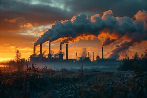 Heavy industry pollutes factory ecology catastrophe. Dirty air smog photo