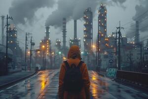 A person standing with his back looking at the industry that pollutes the atmosphere. Climate change concept photo