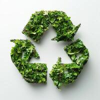 Arrows pointing to green recycle symbol on a white background, curvilinear shapes, associated press photo