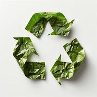 Arrows pointing to green recycle symbol on a white background, curvilinear shapes, associated press photo
