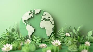 3d representación papel ilustración de un verde planeta alrededor plantas y limpiar ecología foto