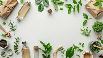 Eco friendly concept, clean and ecological products around copy space, flat lay photo