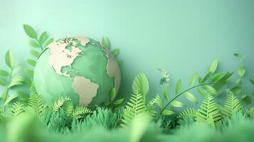 3d representación papel ilustración de un verde planeta alrededor plantas y limpiar ecología foto