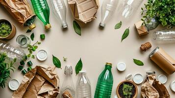 Eco friendly concept, clean and ecological products around copy space, flat lay photo