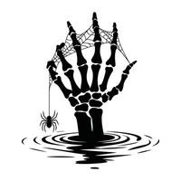 skeleton hand with spider and web rising from water illustration vector