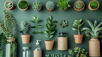 Eco friendly concept, pots with plants, paper and glass on green background with copy space photo