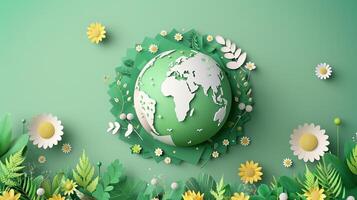 3d rendering Paper illustration of a green planet around plants and clean ecology photo
