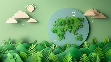3d rendering Paper illustration of a green planet around plants and clean ecology photo