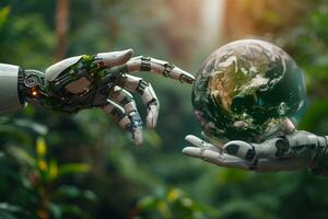 Robot hands touching a Globe environmentally sustainable in forest. AI concept photo