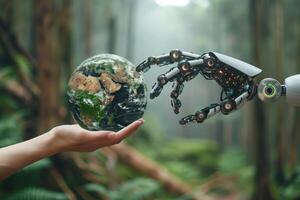 Human hand and robot hand touching a Globe environmentally sustainable. AI concept photo