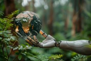 Robot hands touching a Globe environmentally sustainable in forest. AI concept photo
