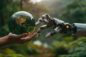 Human hand and robot hand touching a Globe environmentally sustainable. AI concept photo
