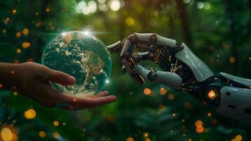 Human hand and robot hand touching a Globe environmentally sustainable. AI concept photo
