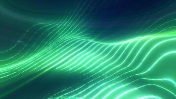 Green glowing energy waves from small particles and lines abstract background, in high quality 4k, motion design video