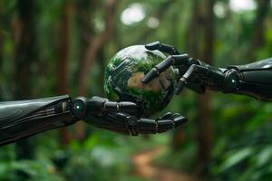 Robot hands touching a Globe environmentally sustainable in forest. AI concept photo