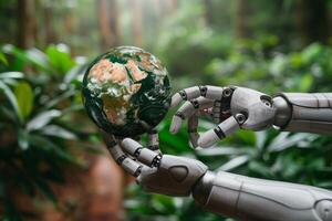 Robot hands touching a Globe environmentally sustainable in forest. AI concept photo