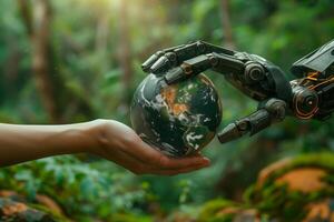 Human hand and robot hand touching a Globe environmentally sustainable. AI concept photo