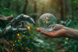 Human hand and robot hand touching a Globe environmentally sustainable. AI concept photo