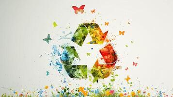 Illustration of a recycling symbol made of water, greenery and flowers isolated on a white background photo