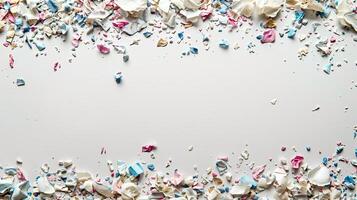 Pieces of colorful plastic and polyethylene on white background, flat lay and top view photo